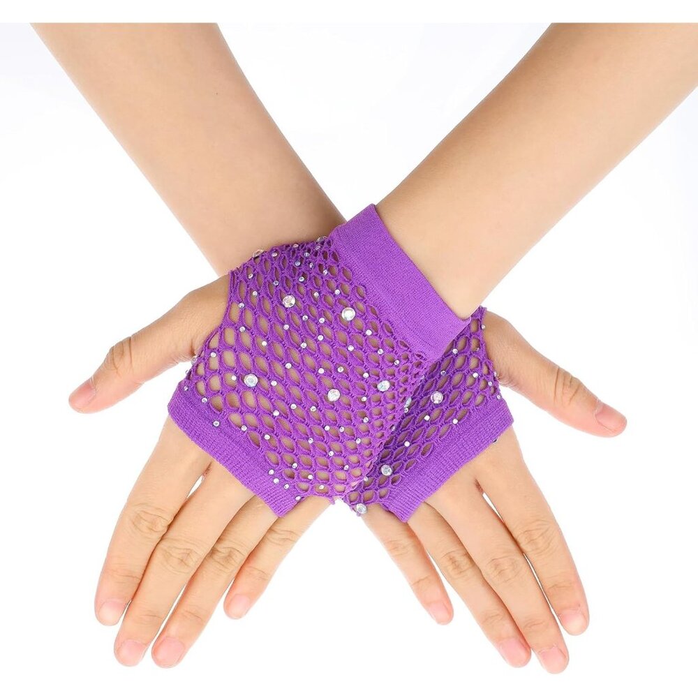 Women's Purple Rhinestone Fishnet Short Mesh Gloves Halloween Party Costumes